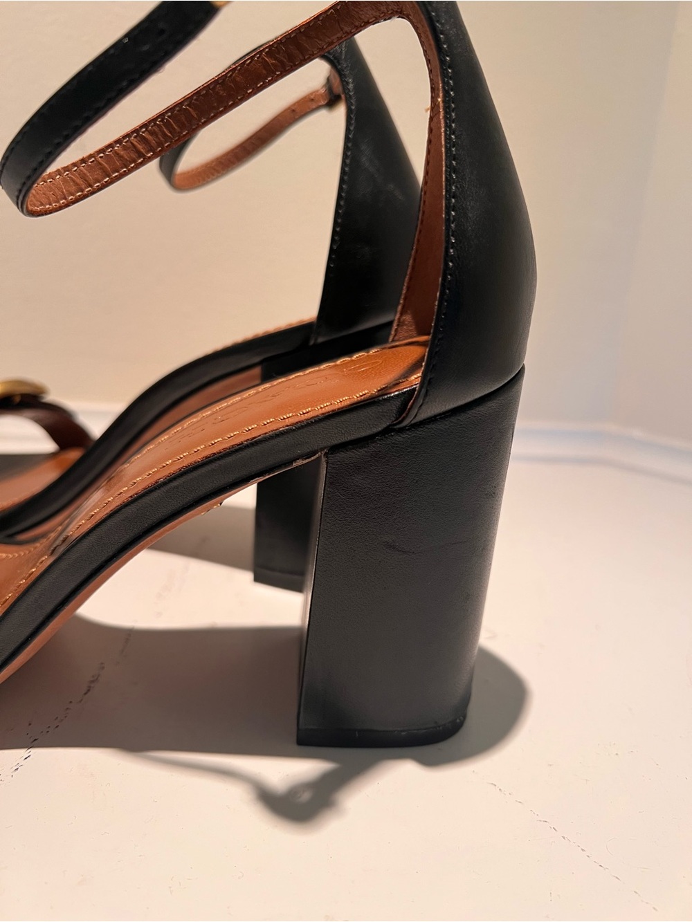 COACH Black Leather Ankle-Strap Block Heels with Gold Accent - Picture 2 of 8